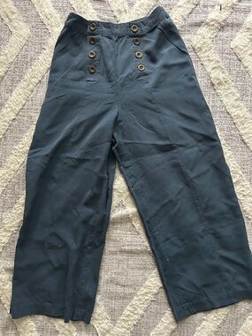 Classic High-Waist Button Front Women Palazzo Pants- Slate Blue